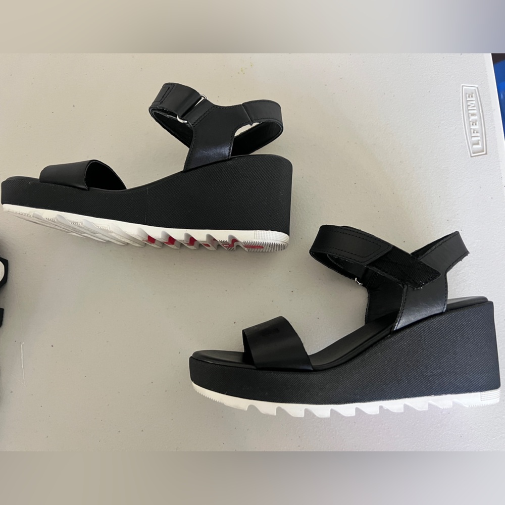 SOREL Cameron Wedge Leather Sandals Black Platform Ankle Strap 7 US NL 4018-010 - Picture 5 of 9